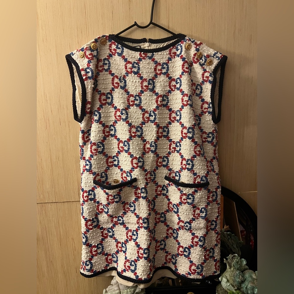 Gucci Women's Cream and Red Patterned Mini Dress
